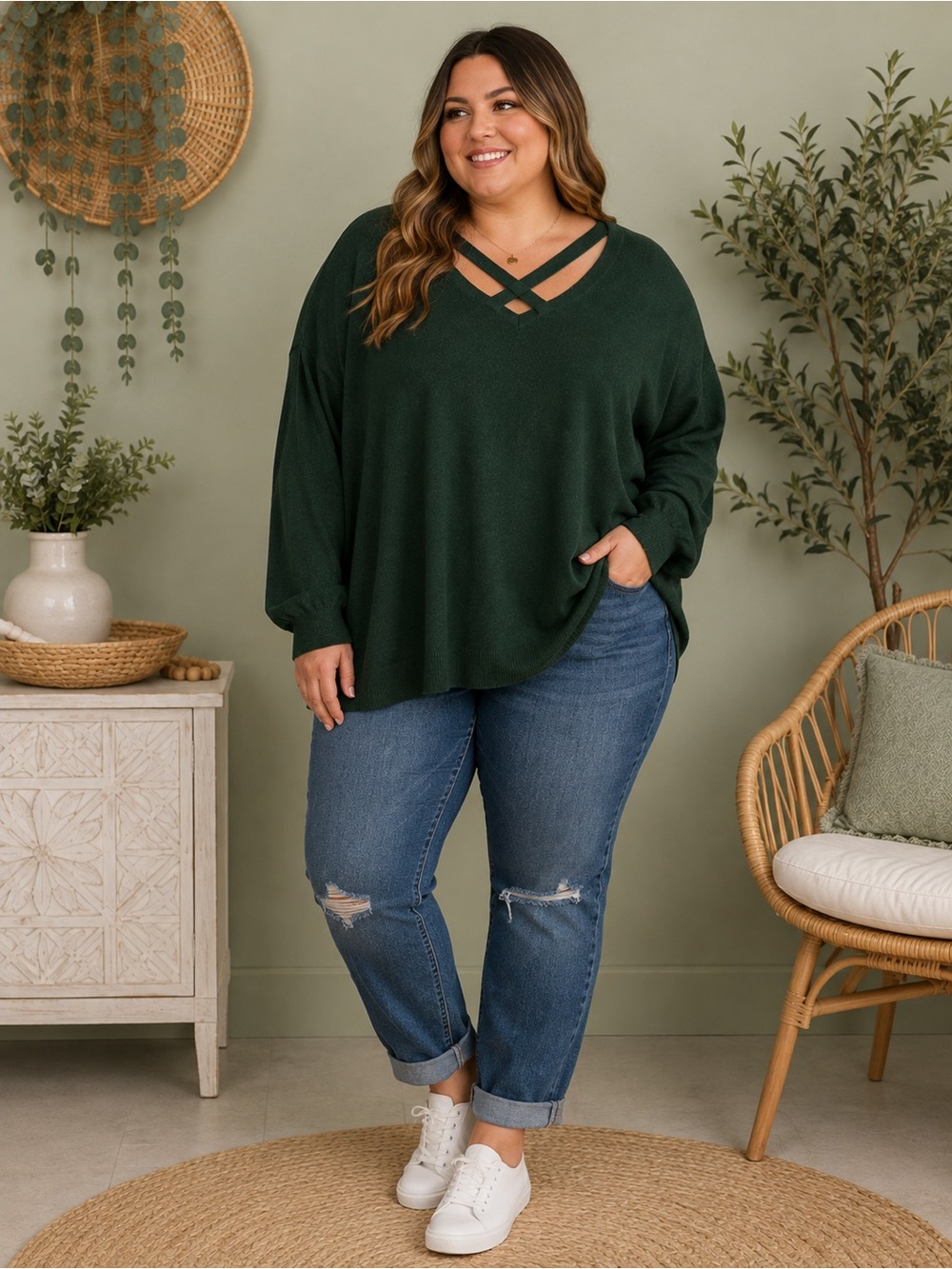 Umgee Forest Green Oversized Crisscross V-Neck Tunic Sweater Medium